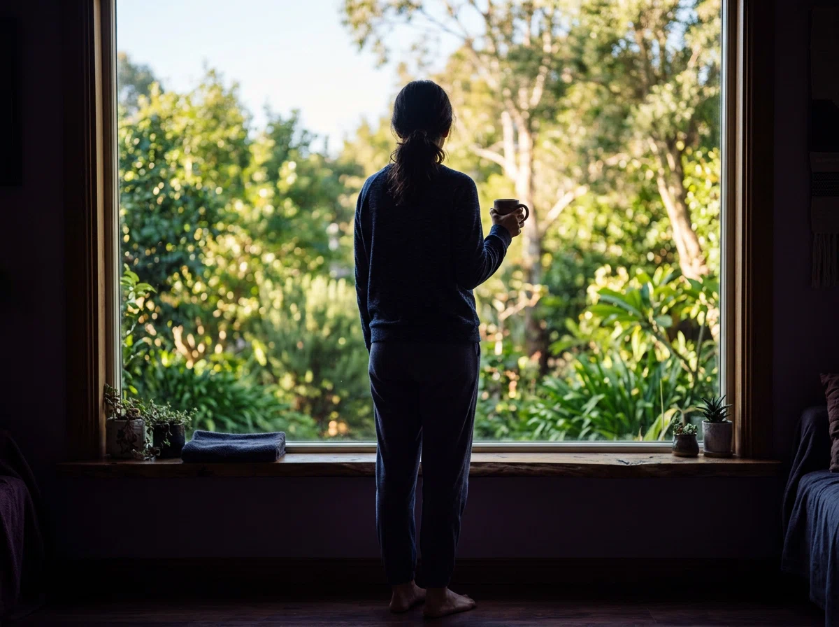 Person from behind enjoying a morning coffee at a bright window - daily supplement routine